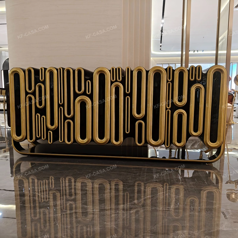 Oval Black High-Gloss Sideboard with Raised Gold Tubular Pattern and Arch Details